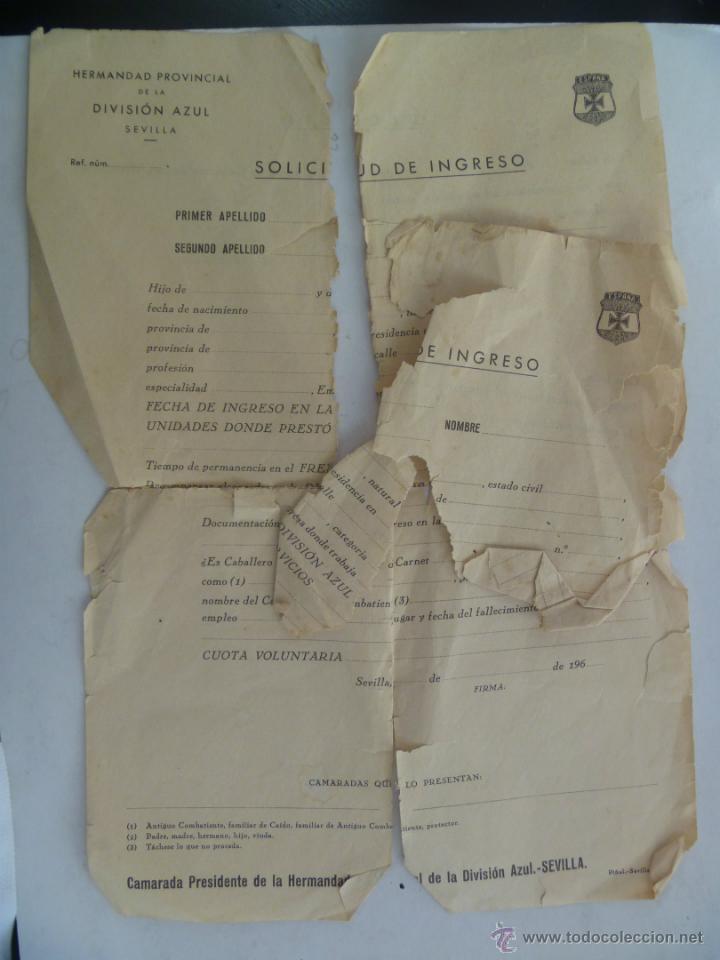 Militaria: DIVISION AZUL : SOLICITUD INGRESO HERMANDAD DE SEVILLA, A&Ntilde;OS 60 .. HECHO POLVO
