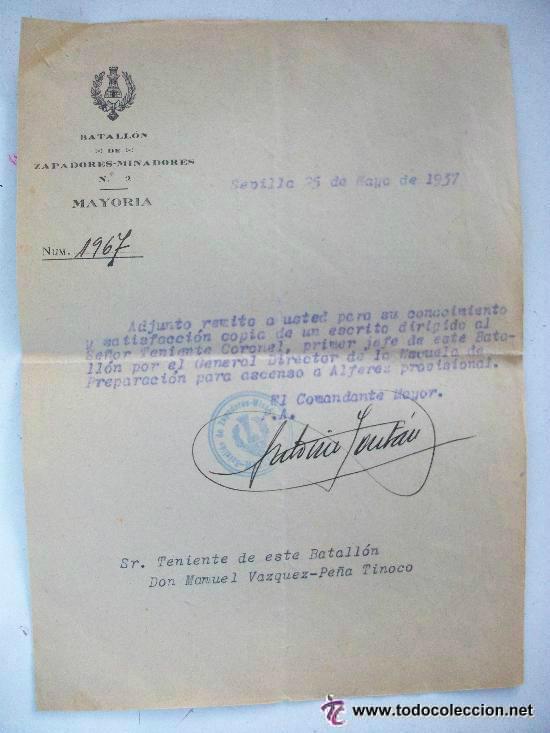 Military Antiques: NOTIFICACION DE ASCENSO A ALFEREZ PROVISIONAL. BATN. ZAPADORES . SEVILLA , 1937 .SELLO REPUBLICA.
