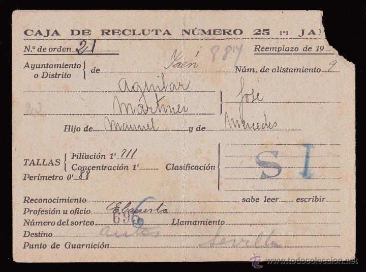 Militaria: *** CARNET CAJA DE RECLUTA NUMERO 25 JA&Eacute;N. PERIODO GUERRA CIVIL ***