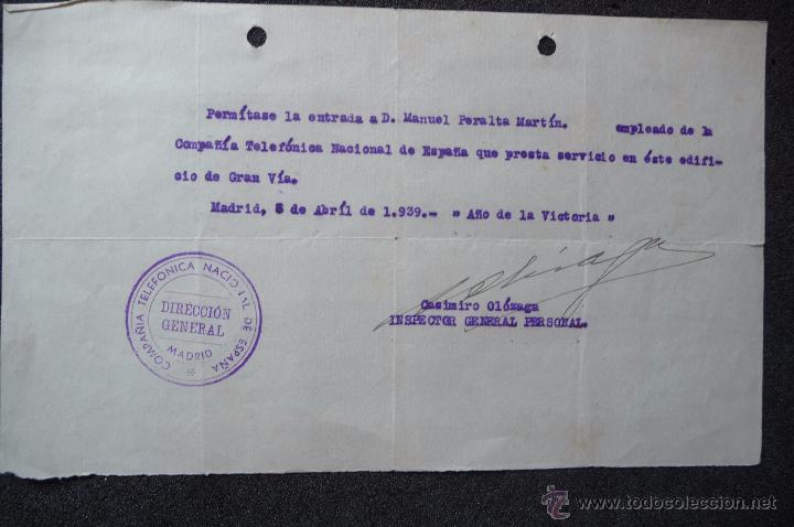 Militaria: (JX-2643)PASE PARA LA COMPA&Ntilde;IA TELEFONICA A UN EMPLEADO DE FALANGE Y POSTERIORMENTE DIVISION AZUL