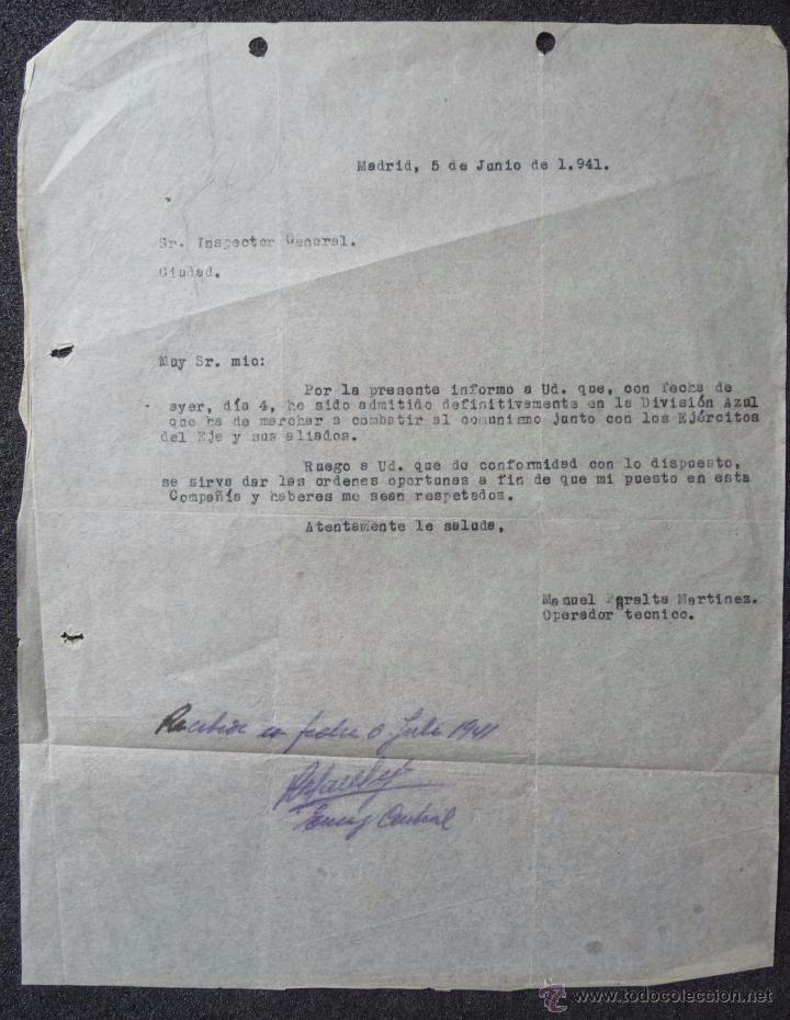 Militaria: (JX-2645)NOTIFICACION AL INSPECTOR DE TELEFONICA DE LA MARCHA DE UN EMPLEADO A LA DIVISION AZUL