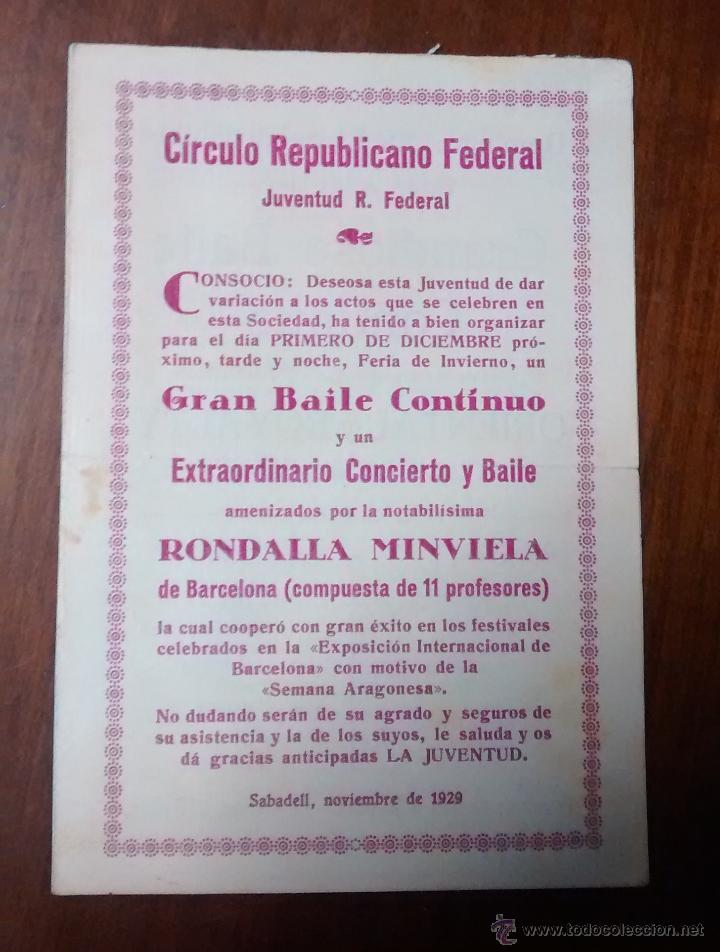 Militaria: Programa Circulo republicano federal, Gran baile continuo, d&iacute;a 1 de diciembre de 1929...