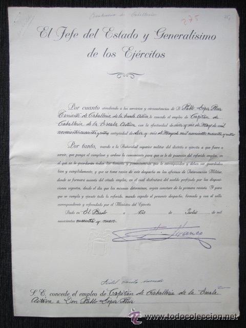 Military Antiques: NOMBRAMIENTO DE CAPIT&Aacute;N DE CABALLER&Iacute;A. A&Ntilde;O 1949. FRANCISCO FRANCO.
