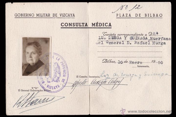 Militaria: *** CARNET MILITAR DE VIZCAYA, COLSULTA MEDICA (PLAZA DE BILBAO) 1950 HUERFANA DEL GENERAL MURGA ***
