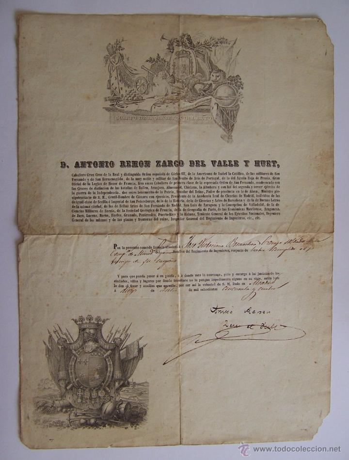 Militaria: Madrid 1854 Licencia e historial de un soldado firmada por A. Remon Zarco del Valle * Ingenieros