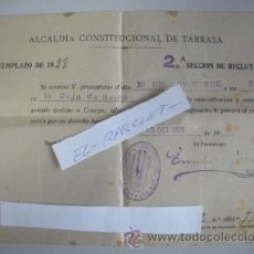 Militaria: DOCUMENTO ALCALDIA CONSTITUCIONAL DE TARRASA REEMPLAZO DE 1928 -2ª SECCION DE RECLUTA -