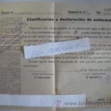 Militaria: DOCUMENTO CLASIFICACION Y DECLARACION DE SOLDADOS-TARRASA 14 FEBRERO 1928 -