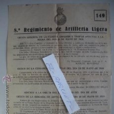 Militaria: DOCUMENTO 8º REGIMIENTO DE ARTILLERIA LIGERA-ORDEN DEL REGIMIENTO DEL 29 MAYO 1934 -