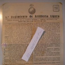 Militaria: DOCUMENTO 8º REGIMIENTO DE ARTILLERIA LIGERA-ORDEN DEL REGIMIENTO DEL 2 DE AGOSTO 1934 -