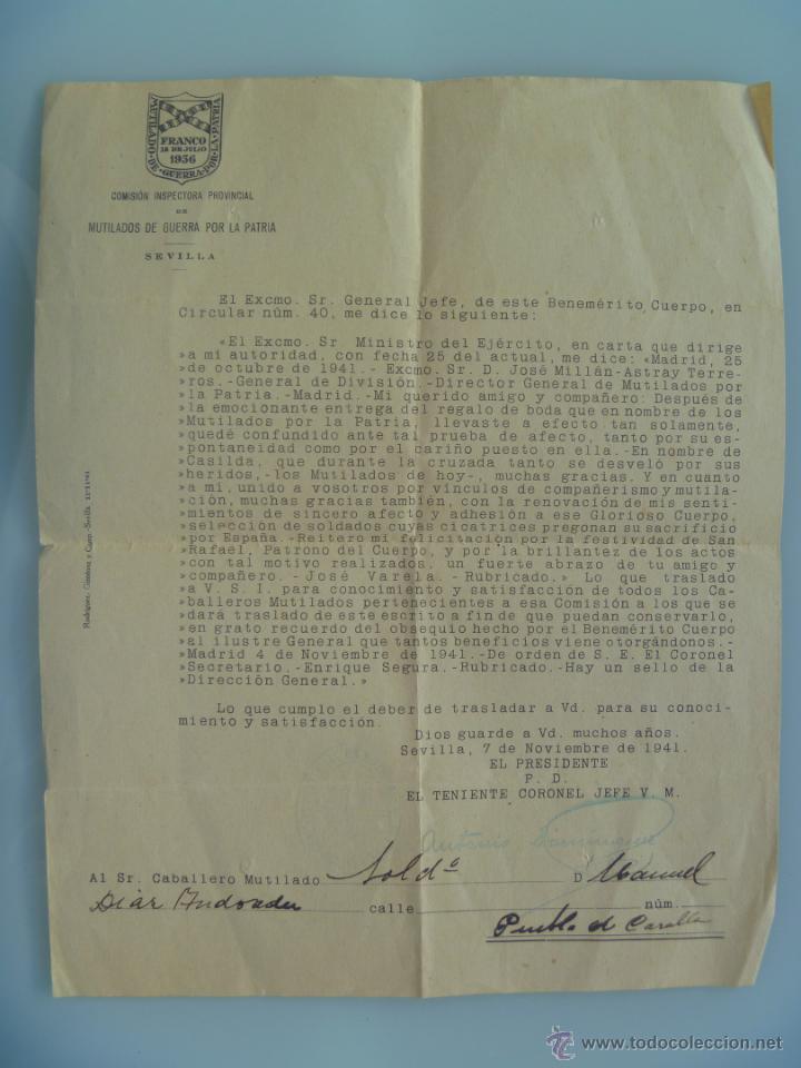 Militaria: MUTILADOS DE GUERRA POR LA PATRIA .. CARTA EN NOMBRE DE MILLAN ASTRAY A MUTILADO DE PUEBLA CAZALLA