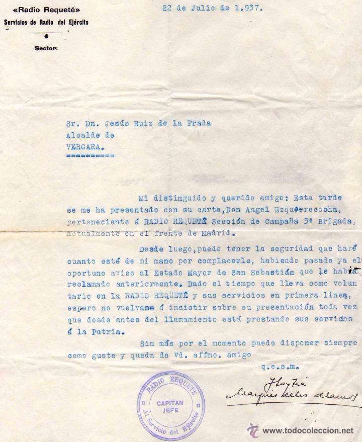 Military Antiques: Radio requete, 22 julio 1937, firma Marques de los &Aacute;lamos, Guerra Civil. Alcalde Vergara Ruiz Prada