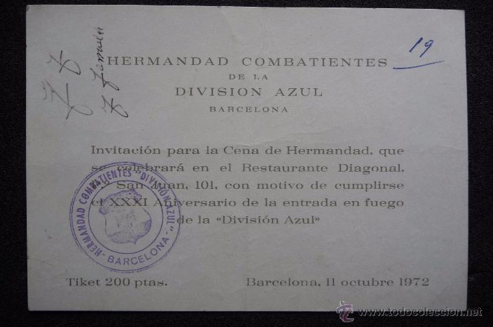 Militaria: (JX-1257)INVITACION DE LA HERMANDAD DE LA DIVISION AZUL,XXXI ANIVERSARIO ENTRADA COMBATE,D.LUIS URRA