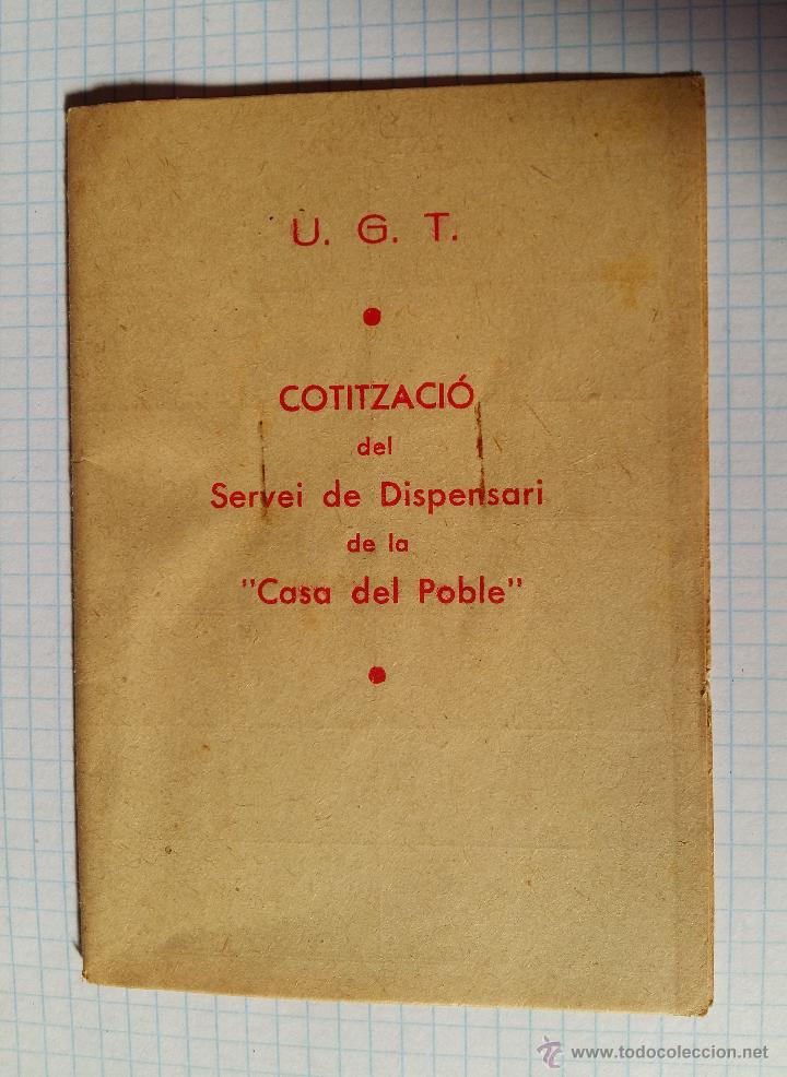 Militaria: UGT Cotitzaci&oacute; del servei de dispensari de la casa del poble, con 2 vi&ntilde;etas del a&ntilde;o 37