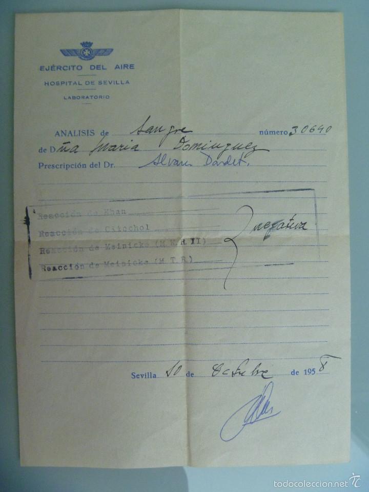 Military Antiques: AVIACION - EJERCITO DEL AIRE : HOSPITAL DE SEVILA , ANALISIS DE SANGRE. 1958