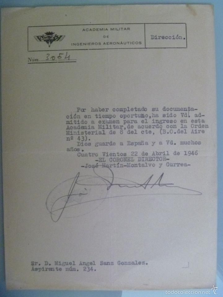 Militaria: AVIACION - ACADEMIA MILITAR  INGENIEROS AERONAUTICOS: NOTIFICACION DE ADMISION, 1946
