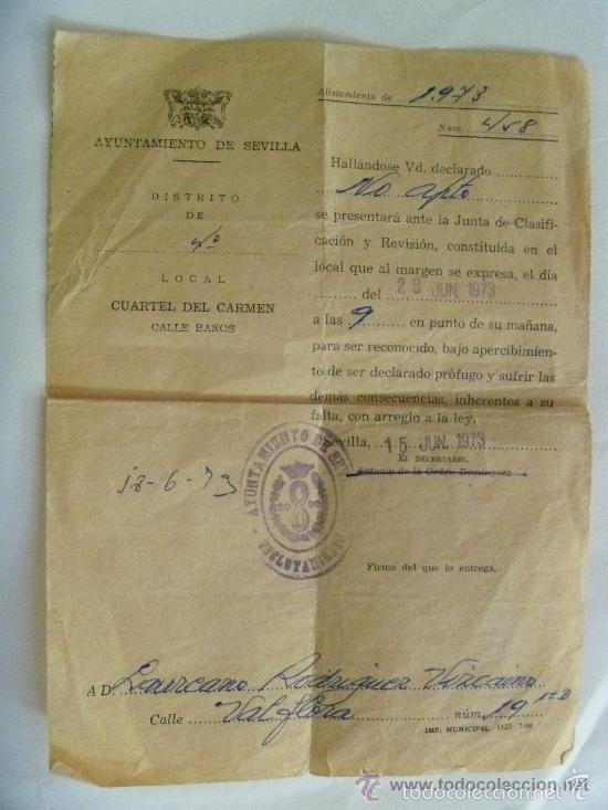 Militaria: CUARTEL DEL CARMEN. AYUNTAMIENTO DE SEVILLA. DECLARACION DE NO APTO PARA LA MILI. 1973