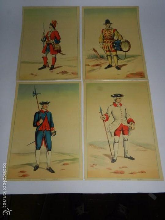Militaria: 4 LAMINAS ANTIGUOS MILITARES, GRANADERO DEL REGIMIENTO DE LOS COLORADOS VIEJOS SIGLO XVIII, ATAMBOR