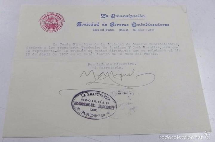 Militaria: DOCUMENTO DE LA EMANCIPACION, SOCIEDAD DE OBREROS EMBALDOSADORES, 15 DE ABRIL DE 1936, MIDE 21,5 X 1