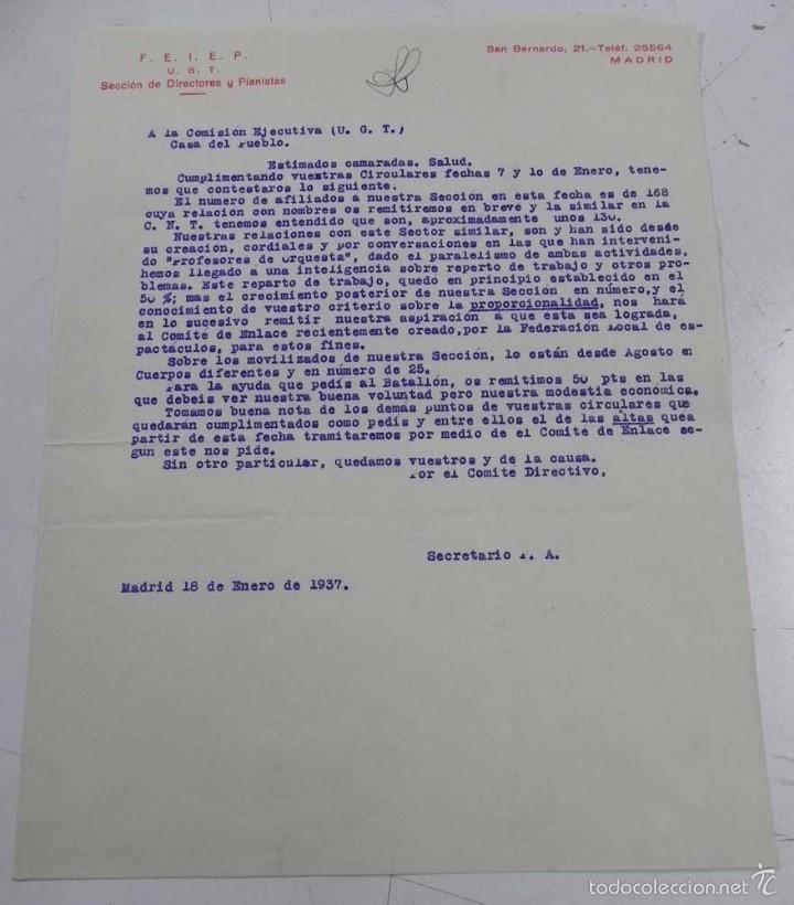 Militaria: DOCUMENTO DE PLENA GUERRA CIVIL, SECCION DE DIRECTORES Y PIANISTAS, 18 DE ENERO DE 1937, MIDE 27 X 2