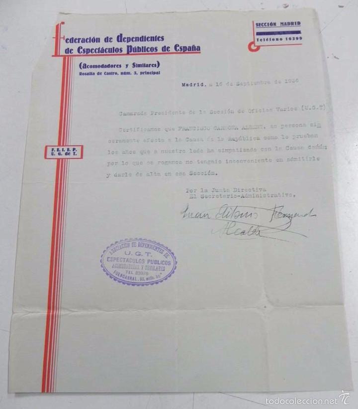 Militaria: DOCUMENTO DE PLENA REPUBLICA, FEDERACION DE DEPENDIENTES DE ESPECTACULOS PUBLICOS DE ESPA&Ntilde;A, 16 DE S