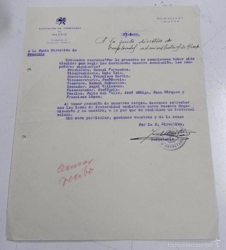 Militaria: DOCUMENTO DE PLENA REPUBLICA, ASOCIACION DE IMPRESORES DE MADRID, A&Ntilde;O 1936, MIDE 27,5 X 21,5 CMS.
