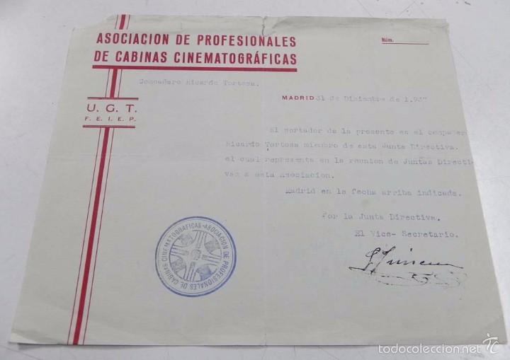 Militaria: DOCUMENTO DE PLENA GUERRA CIVIL, ASOCIACION DE PROFESIONALES DE CABINAS CINEMATOGRAFICAS, U.G.T., MA