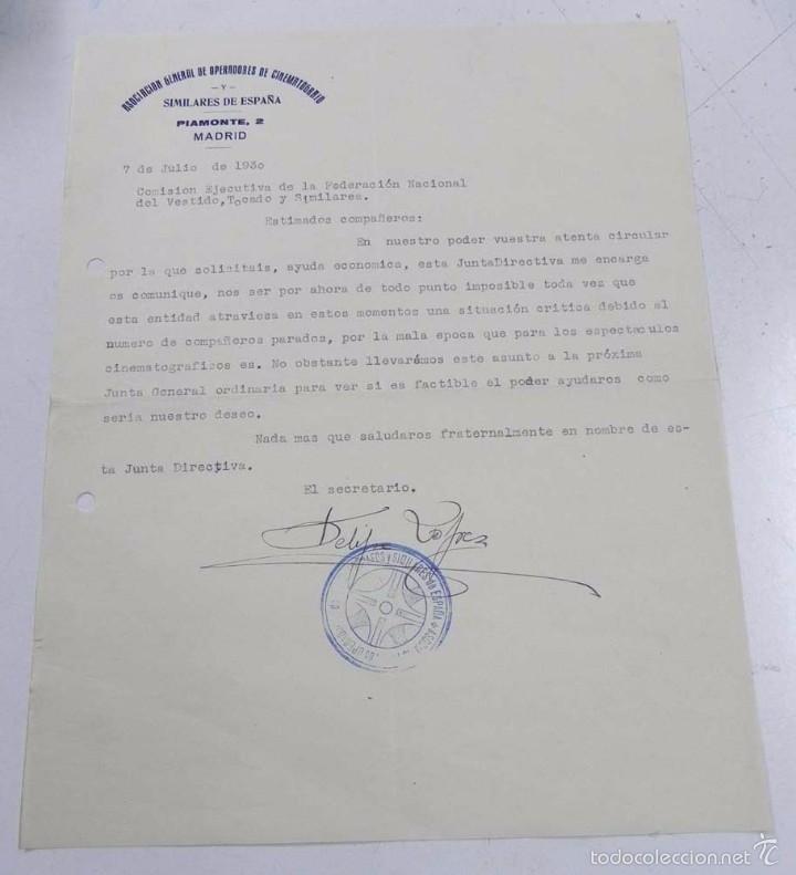 Militaria: DOCUMENTO DE LA ASOCIACION GENERAL DE OPERADORES DE CINEMATOGRAFO, MADRID 7 DE JULIO DE 1930, TAMA&Ntilde;O