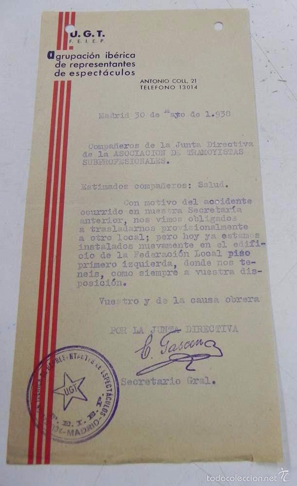 Militaria: DOCUMENTO DE PLENA GUERRA CIVIL,  AGRUPACION IBERICA DE REPRESENTANTES DE ESPECTACULOS, U.G.T y F.E.
