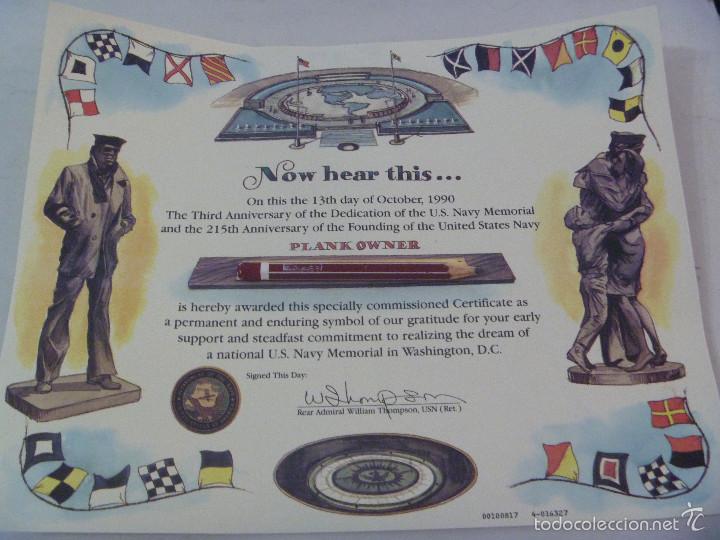 Militaria: DIPLOMA CONMEMORATIVO ANIVERSARIO MEMORIAL US NAVY. ESTADOS UNIDOS