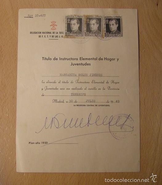 Militaria: Documento t&iacute;tulo de la Secci&oacute;n Femenina de Falange, con firma original
