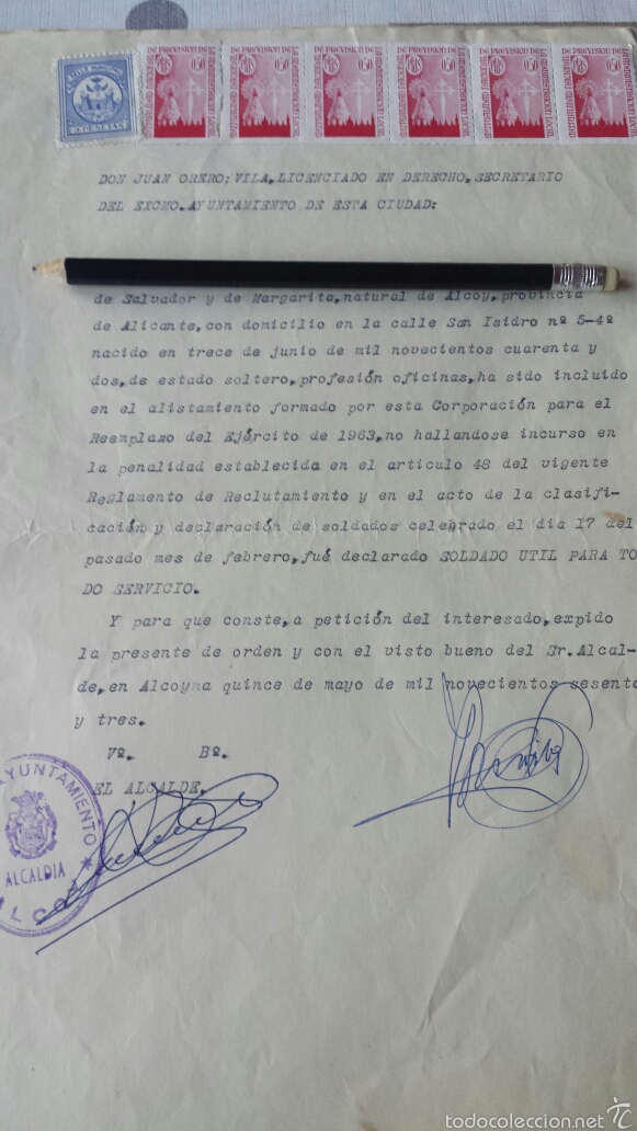 Militaria: CARTA DE ALISTAMIENTO  DEL EJERCITO 1963- soldado &uacute;til para todo servicio- Alcoy