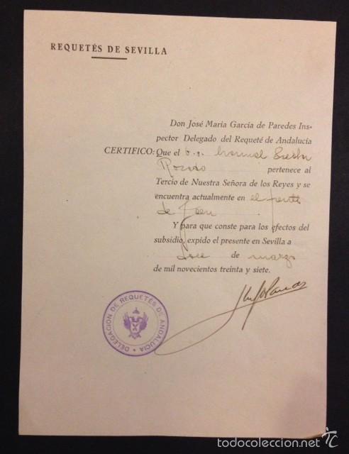 Militaria: REQUETES DE SEVILLA, CERTIFICADO 1937 - Foto 1