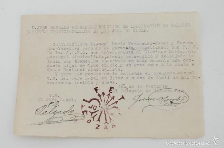Militaria: Certificado garant&iacute;as de Falange Espa&ntilde;ola Tradicionalista de las J.O.N.S. DE COZAR. 9-ABRIL-1939