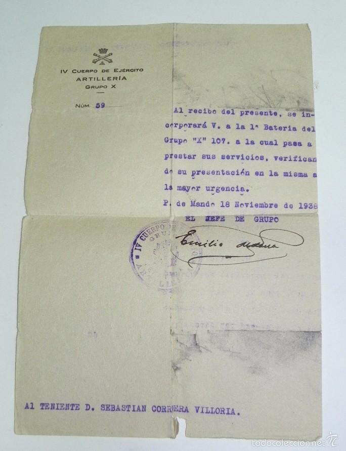 Militaria: IV CUERPO DE EJERCITO ARTILLERIA GRUPO X, ESCRITO DE PLENA GUERRA CIVIL, 18 DE NOVIEMBRE DE 1938, CO