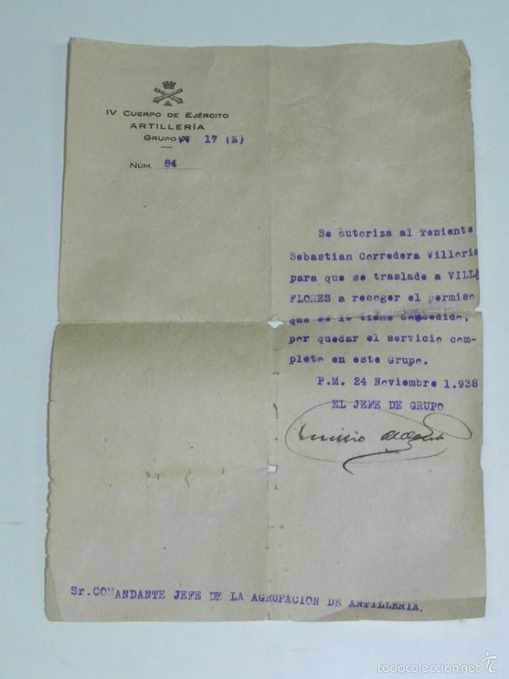 Militaria: IV CUERPO DE EJERCITO ARTILLERIA, ESCRITO DE PLENA GUERRA CIVIL, 24 DE NOVIEMBRE DE 1938, MIDE 22 X