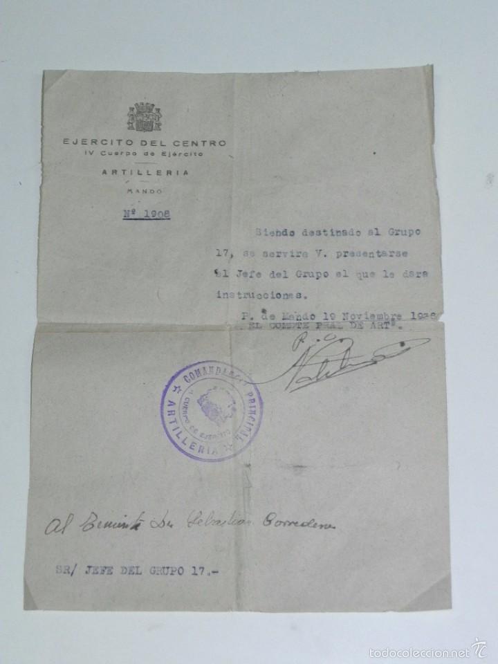 Militaria: IV CUERPO DE EJERCITO ARTILLERIA, ESCRITO DE PLENA GUERRA CIVIL, SELLO EN AZUL DE LA REPUBLICA, 19 D