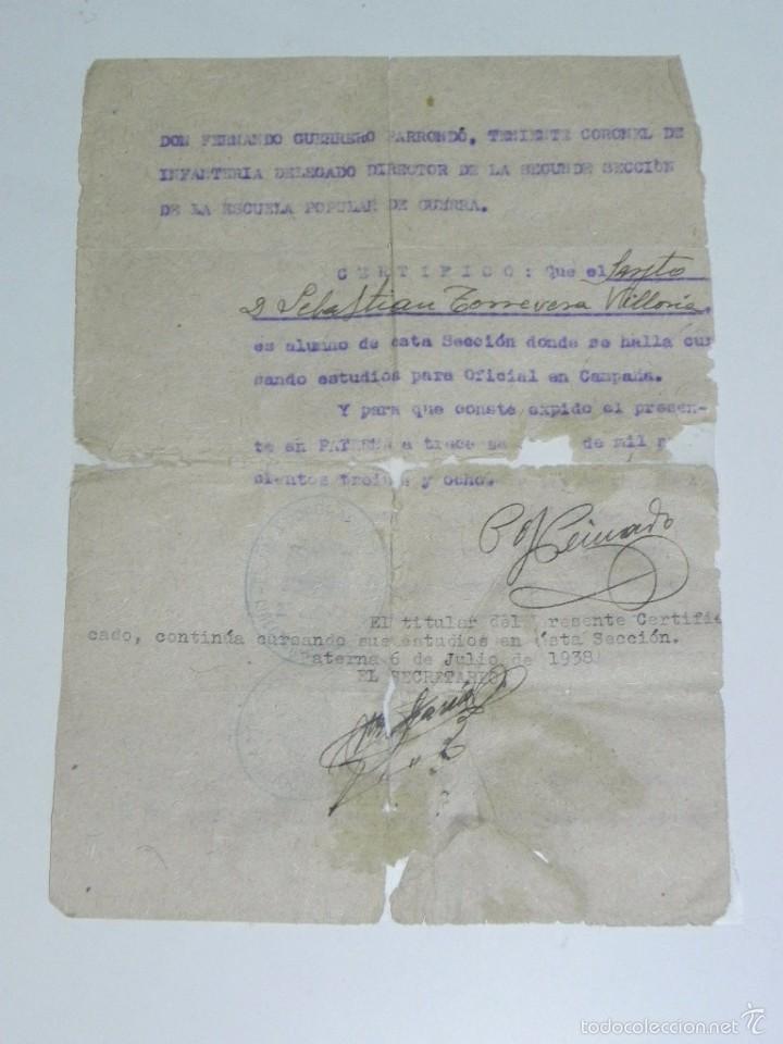 Militaria: CERTIFICADO DE LA ESCUELA POPULAR DE GUERRA, PLENA GUERRA CIVIL, 6 DE JULIO DE 1938, SE&Ntilde;AS EN AZUL C