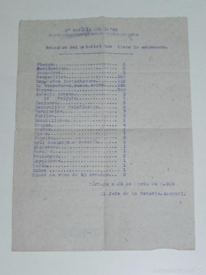 Militaria: RELACION DE MATERIAL DE LA 2&ordf; BATERIA DEL 11'43, PLENA GUERRA CIVIL, TORTOLA (CUENCA), 29 DE MARZO D