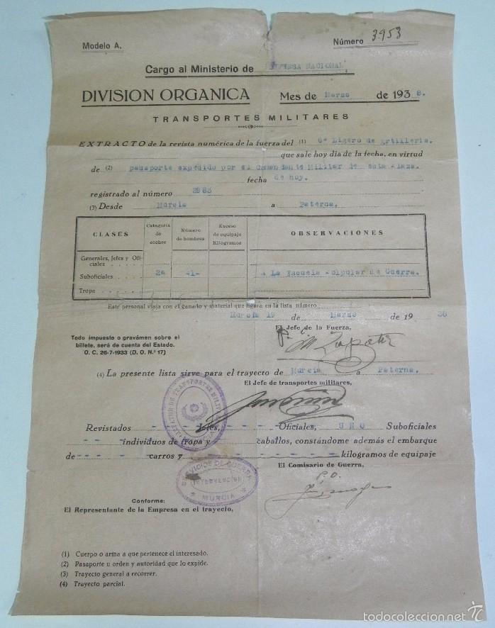 Militaria: DOCUMENTO DE TRANSPORTES MILITARES, PLENA GUERRA CIVIL, 19 MARZO DE 1938, CON SELLO EN AZUL DE LA JE
