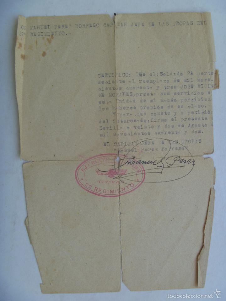 Militaria: AVIACION , EJERCITO DEL AIRE : CERTIFICADO DE SERVICIO TROPAS DEL 22&ordm; REGIMEINTO. SEVILLA, 1942