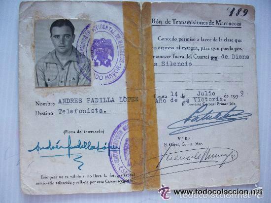Militaria: PASE A FAVOR DE UN SOLDADO DEL B&Oacute;N.TRANSMISIONES DE MARRUECOS. 1939, A&Ntilde;O DE LA VICTORIA