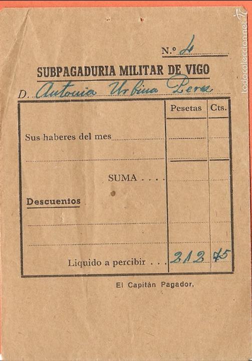 Militaria: SOBRE PAGO N&Oacute;MINA, SUBPAGADURIA MILITAR DE VIGO,
