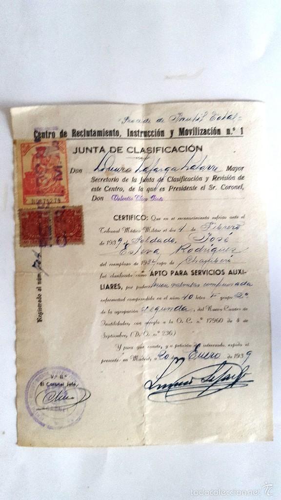 Militaria: GUERRA CIVIL, CENTRO DE RECLUTAMIENTO, INSTRUCCION Y MOVILIZACI&Oacute;N, 1939, CERTIFICADO APTO SERVICIOS
