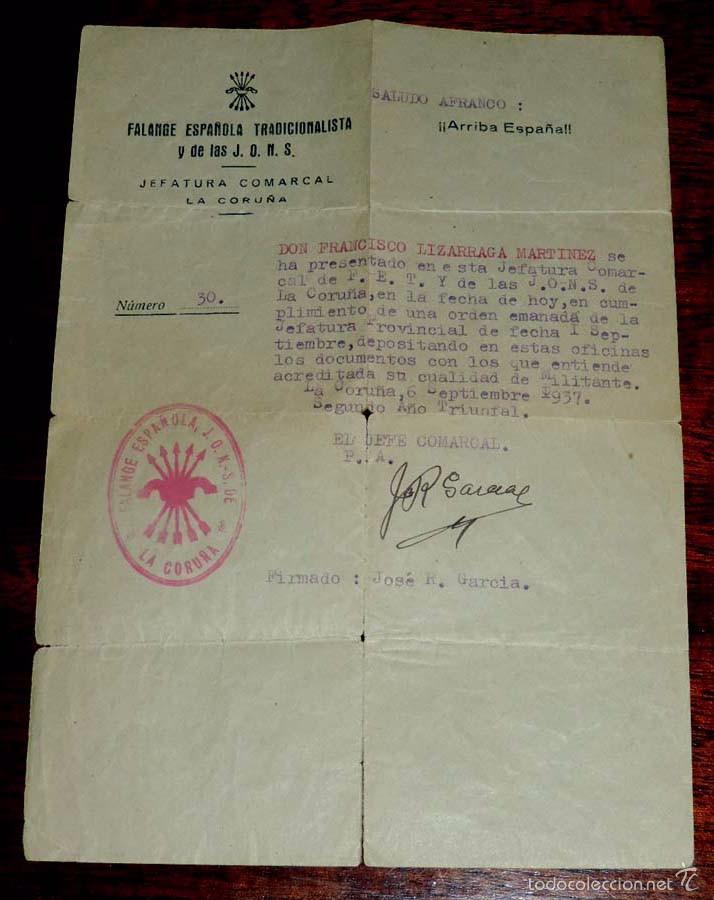 Militaria: OFICIO DE FALANGE ESPA&Ntilde;OLA TRADICIONALISTA Y DE LAS JONS, PLENA GUERRA CIVIL, 6 SEPTIEMBRE 1937, ACR