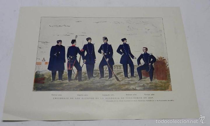 Militaria: LAMINA DE UNIFORMES DE LOS ALUMNOS DE LA ACADEMIA DE INGENIEROS EN 1857, MIDE 34 X 24 CMS.