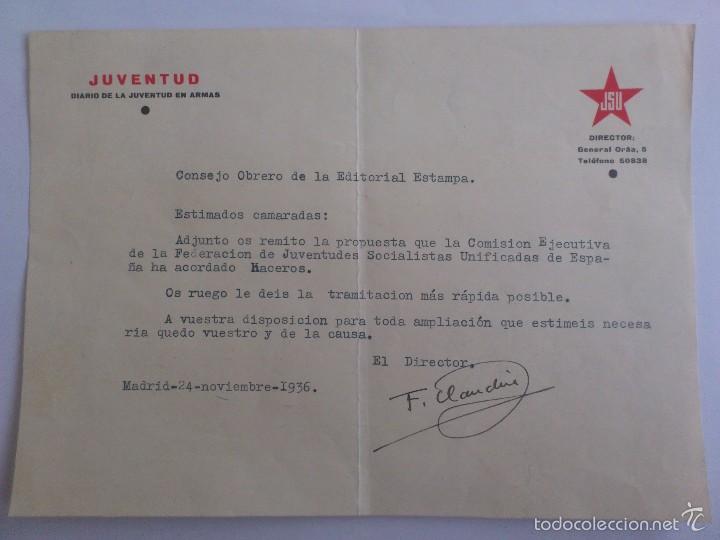 Militaria: JSU - JUVENTUD DIARIO DE LA JUVENTUD EN ARMAS, EDITORIAL ESTAMPA, FIRMADO DIRECTOR F. CLAUDIN