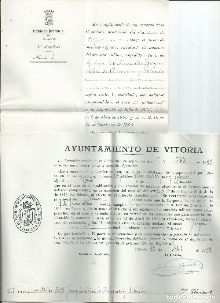 Militaria: 1899 - VITORIA ALAVA - EXENCI&Oacute;N DE SERVICIO MILITAR - 2 DOCUMENTOS