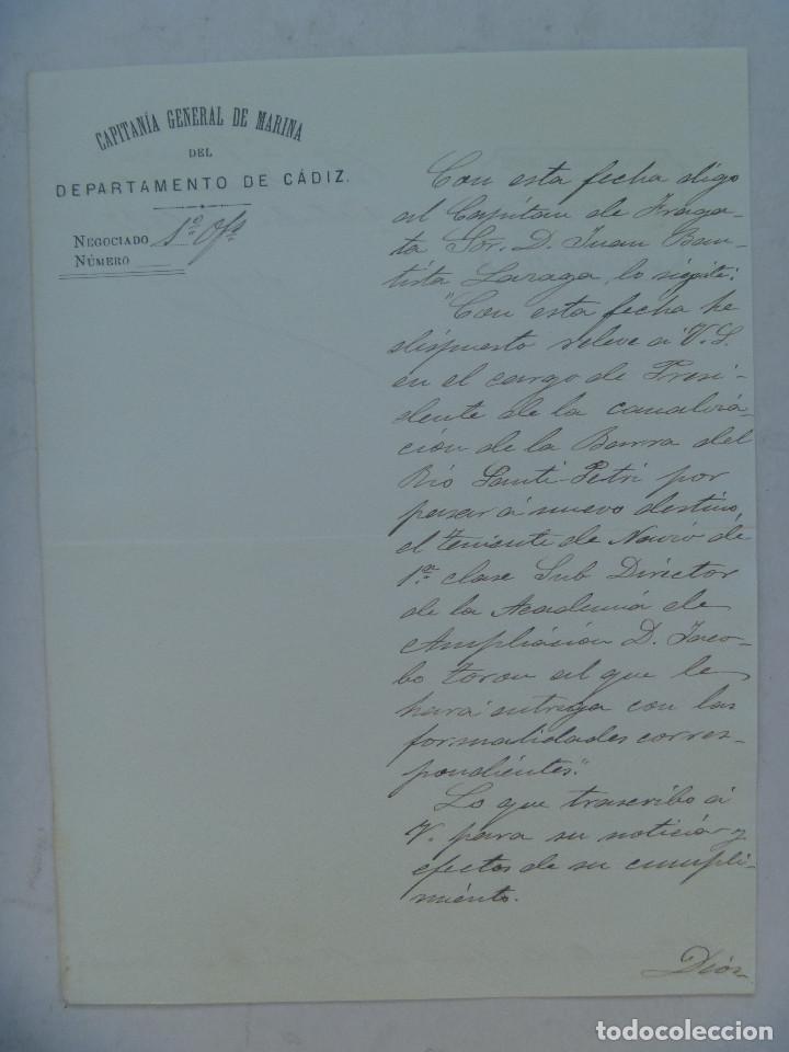 Militaria: CAPITANIA GENERAL MARINA DEPARTAMENTO CADIZ : NOTIFICACION A TENIENTE DE NAVIO. 1892