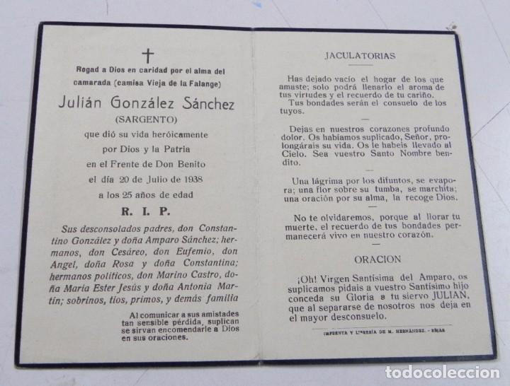 Militaria: RECORDATORIO POR SARGENTO CAIDO EN EL FRENTE DE DON BENITO (BADAJOZ), GUERRA CIVIL, 20 DE JULIO DE 1