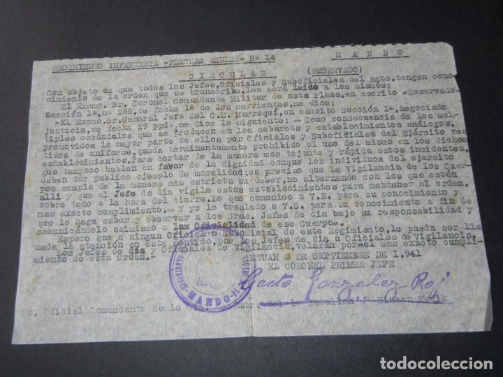 Military Antiques: CIRCULAR REGIMIENTO INFANTERIA FLECHAS AZULES N.14 - TETUAN 1941 - RELATIVA A ALBOROTOS EN CABARETS